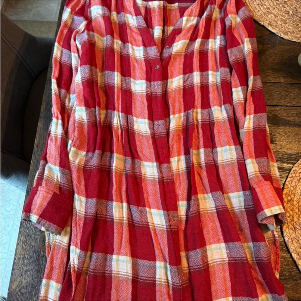 ANTHRO AKEMI + KIN Lucie Plaid Red Flannel Longlined Buttondown Top Tunic - Picture 3 of 4